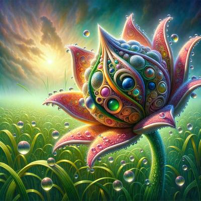 The primary subject of the image is a large, colorful flower with a pink center and a green stem. The flower is surrounded by a field of grass and is adorned with various beads and gems, giving it a unique and artistic appearance. The setting appears to be a lush, green field, and the visual style is a combination of digital art and illustration. The dominant colors in the image are pink, green, and various shades of beads and gems, creating a vibrant and cheer